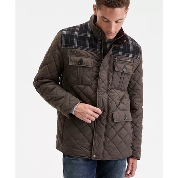 NEW! Cole Haan Quilted Mixed Media Field Jacket Elbow Patch Olive Green SZ L - Picture 5 of 14